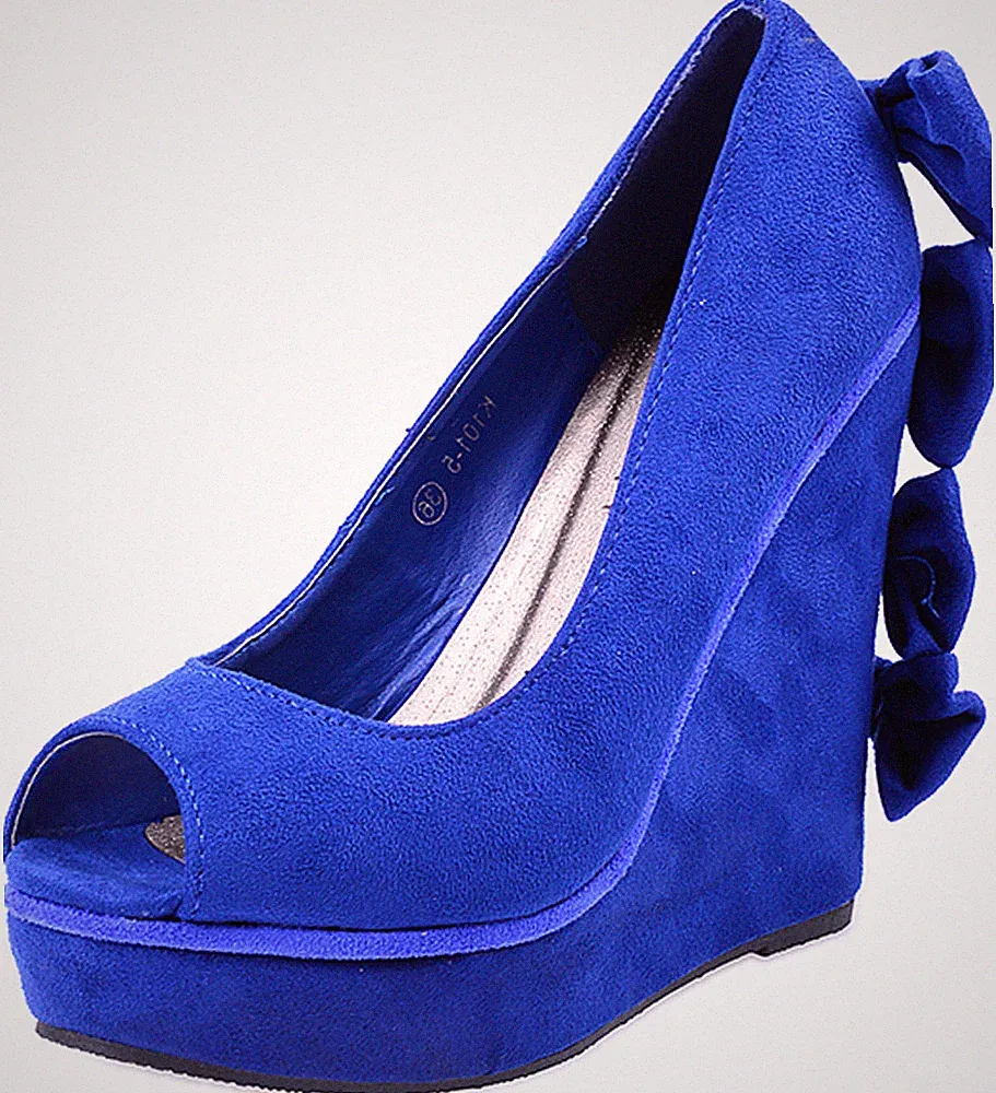 Royal Blue PIN UP Bow Schleifen Peep Toe WEDGES Rockabilly