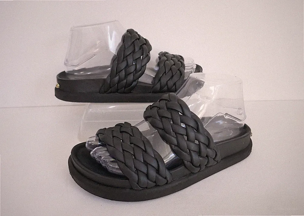 RUSSELL+BROMLEY "TWISTED" SCHWARZE DOPPELGEFLOCHTENE RIEMCHEN-SLIDE-SANDALEN UK 4/37 MIT KARTON