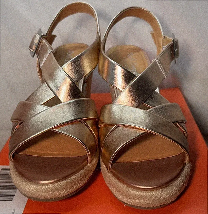 Ruth Langsford Leder Sandalen UK 8 / 41 Gold Jute hoher Keilabsatz Schnallenriemen