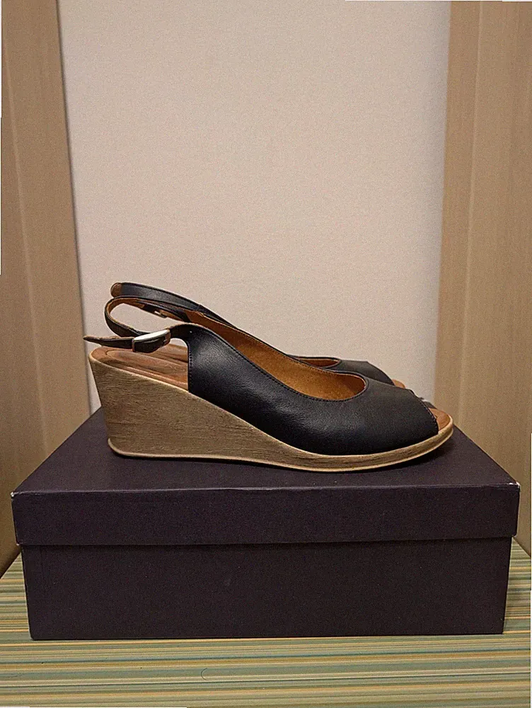 Rylko Relax Damen Sandalen Keilabsatz Gr. 38 Schwarz Leder Peep Toe