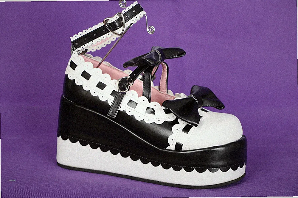 S-06 schwarz weiß Maid Gothic Lolita Pumps Schuhe Cosplay Keilabasatz Schleife