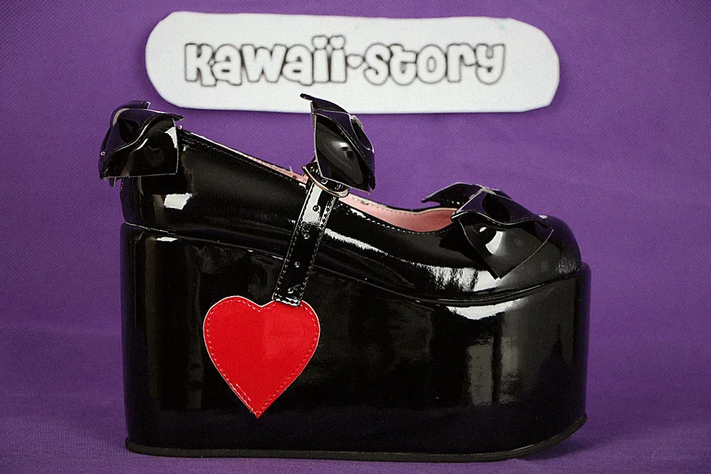 S-10 Schwarz rot Punk Herz Gothic Lolita Pumps 11cm Lack Schuhe Cosplay Schleife