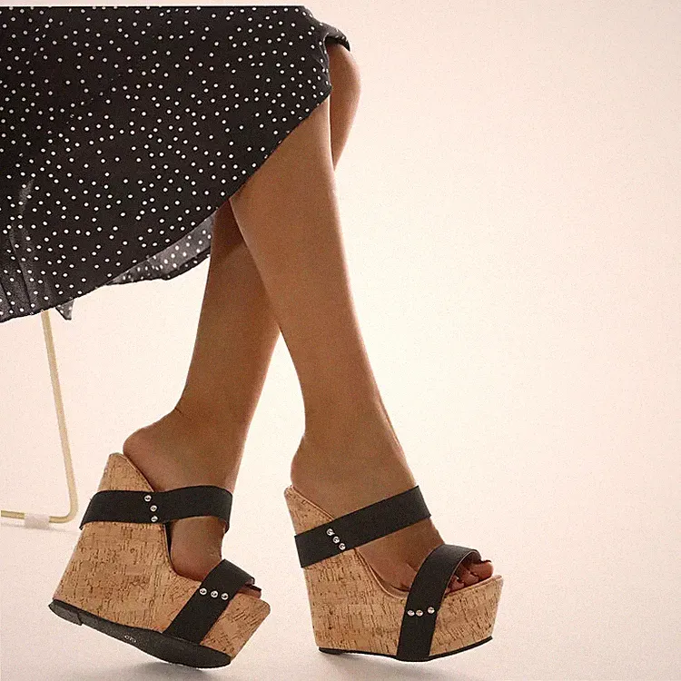 Sabot Sandalen Keilabsatz 15 cm Plattform Schwarz Beige Kunstleder 2059