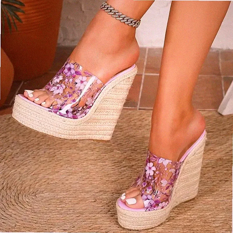Sabot Sandalen mit Keilabsatz 14 cm Plateau 4,5 cm geblümt lila transparent R847X