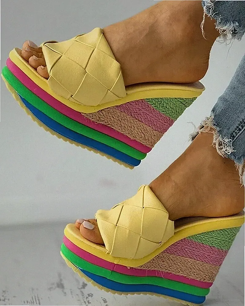 Sabot Sandalen Pantoletten Keilabsatz 14 cm Mehrfarbig Gelb Kunstleder CZ109