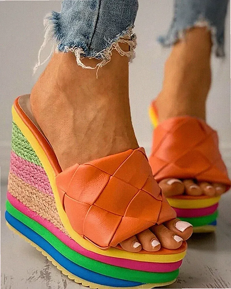 Sabot Sandalen Pantoletten Keilabsatz 14 cm Mehrfarbig Orange Kunstleder CZ109