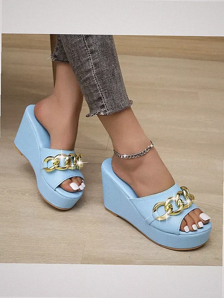Sabot Sandalen Pantoletten Keilabsatz Plateau 10 cm blau gold leicht Kunstleder 4127