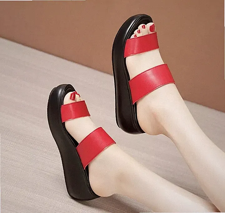 Sabot Sandalen Pantoletten Keilabsatz Plateau 6 cm rot leicht Kunstleder 2586