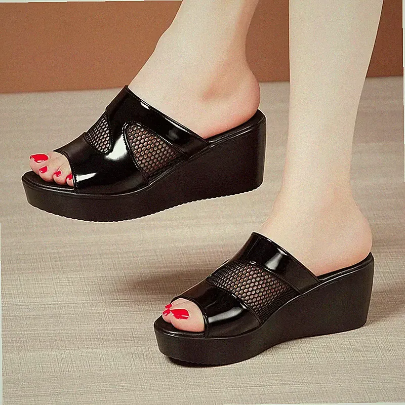 Sabot Sandalen Pantoletten Keilabsatz Plateau 6 cm schwarz leicht Kunstleder 2805