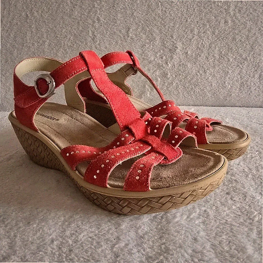 Salamander Damen Riemchen-Sandalen Leder Keilabsatz Rot/Beige EU 39 Nieten