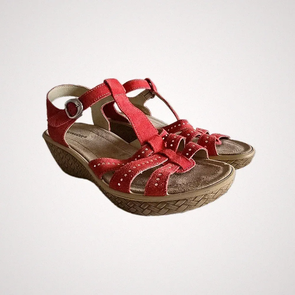 Salamander Damen Riemchen-Sandalen Leder Keilabsatz Rot/Beige EU 39 Nieten