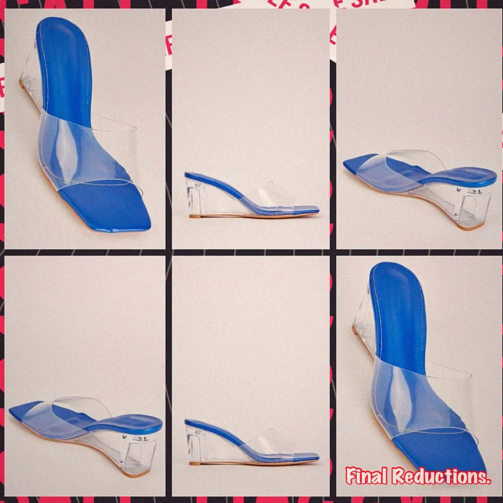 SALE BLAUE DAMEN GR 5/38 PLEXIGLAS RIEMCHEN MITTEL TRANSPARENT KEILABSATZ PANTOLETTE SANDALEN