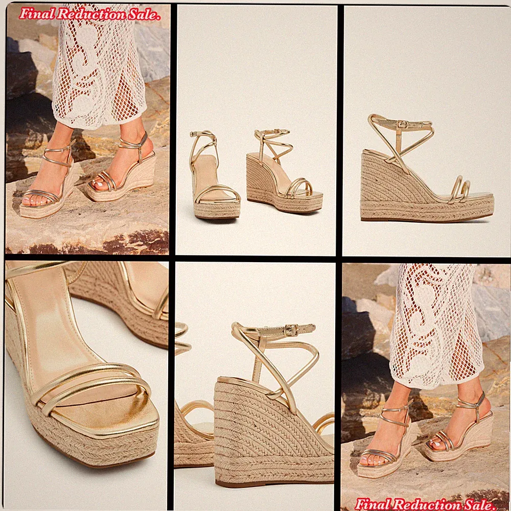 SALE DAMEN-SANDALEN MET GOLD GRÖSSE 6 DOPPELRIEMEN HOHER SEILABSATZ ECKIGE SPITZE