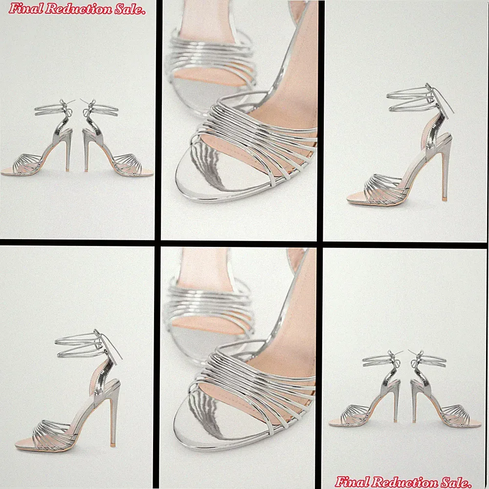 SALE DAMEN-SANDALEN METALLIC SILBER GRÖSSEN 4–8 RIEMCHEN HOHER STILETTOABSATZ BEINBINDUNG