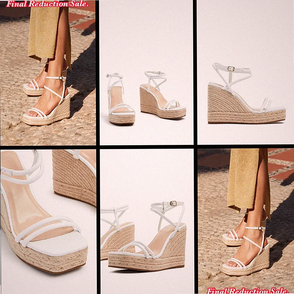 SALE DAMEN-SANDALEN WEISS GRÖSSEN 4–7 DOPPELRIEMEN HOHER SEIL KEILABSATZ ECKIGE SPITZE