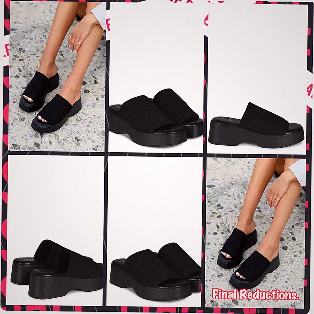 SALE DAMEN SCHWARZ GRÖSSEN 3-8 DEHNBAR BREITE VORDERRIEMEN CHUNK PLATEAU PANTOLETTE SLIDER