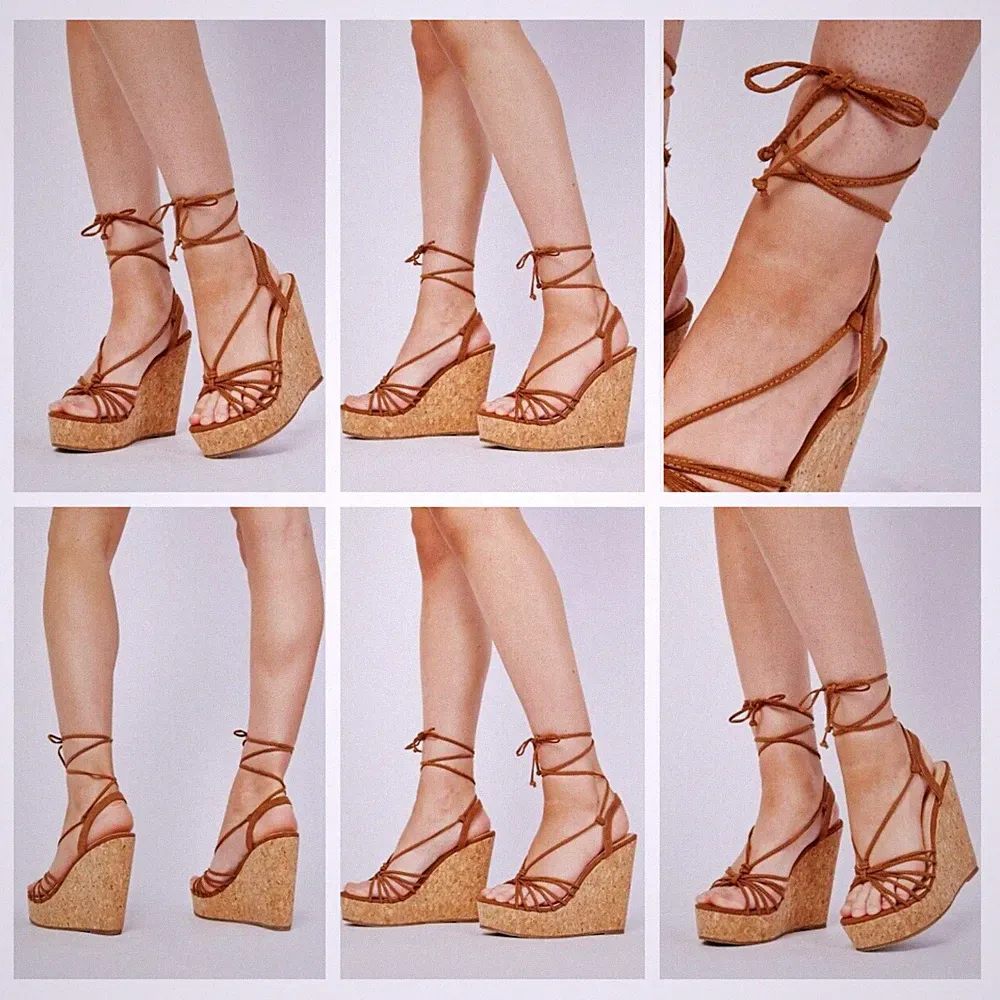 SALE HELLBRAUNE DAMENGRÖSSE 4 DÜNNE RIEMCHEN HOHER KORK KEILABSATZ PLATEAUSANDALEN MIT BINDEBAND