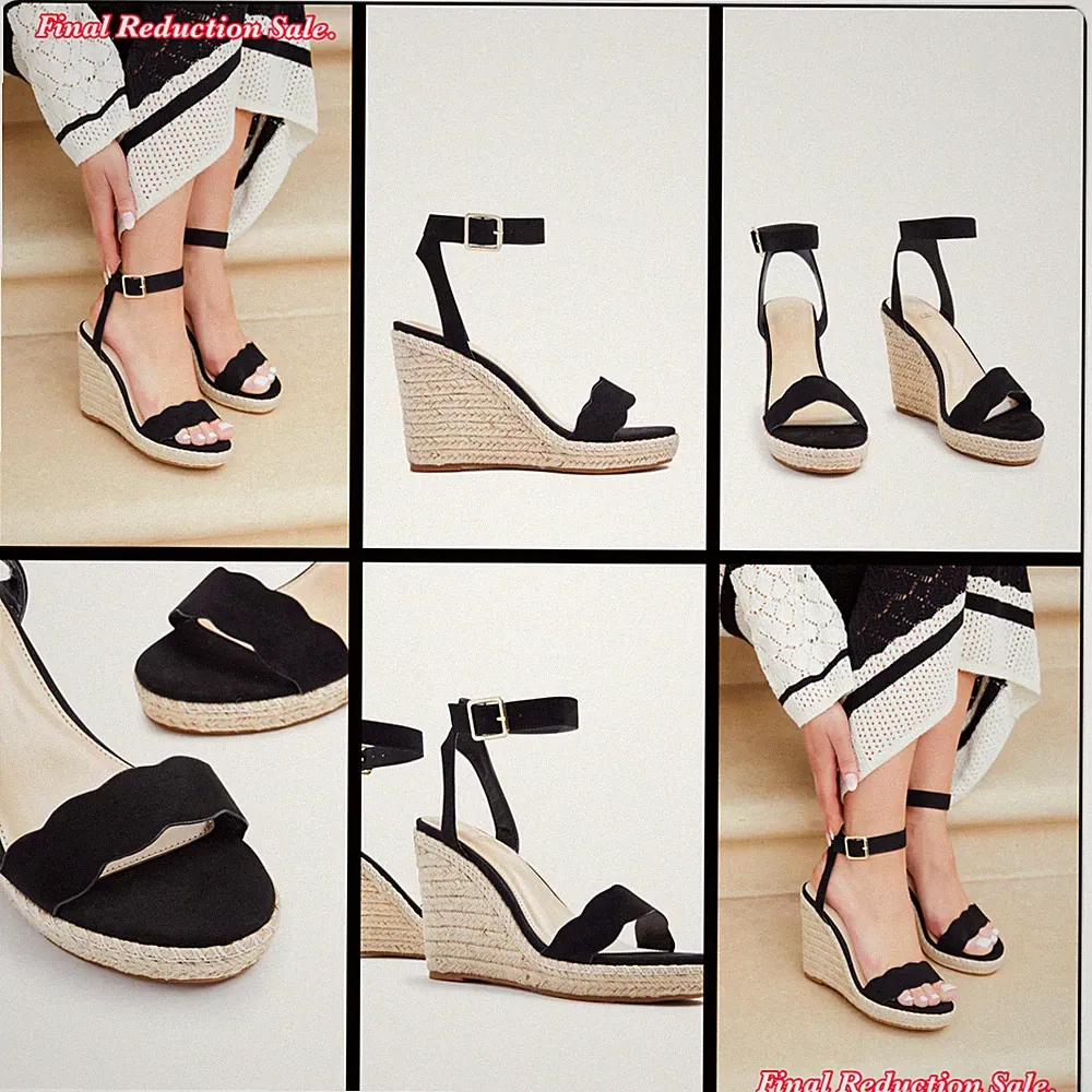 SALE SCHWARZE GRÖSSEN 4-8 PLATEAUSANDALEN MIT ÜBERBACKENENEM VORDERRIEMEN UND HOHEM SEILABSATZ