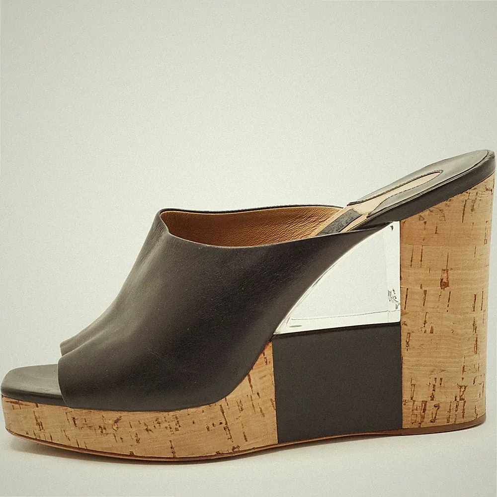 Salvatore Ferragamo Gr. 38 Schwarz Leder Kork Keilabsatz Sandalen