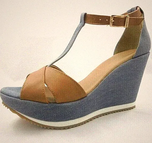 Sandale Keilsandale Plateau Schuhe Damenschuhe Wedges jeansblau /cognac 41 7,5