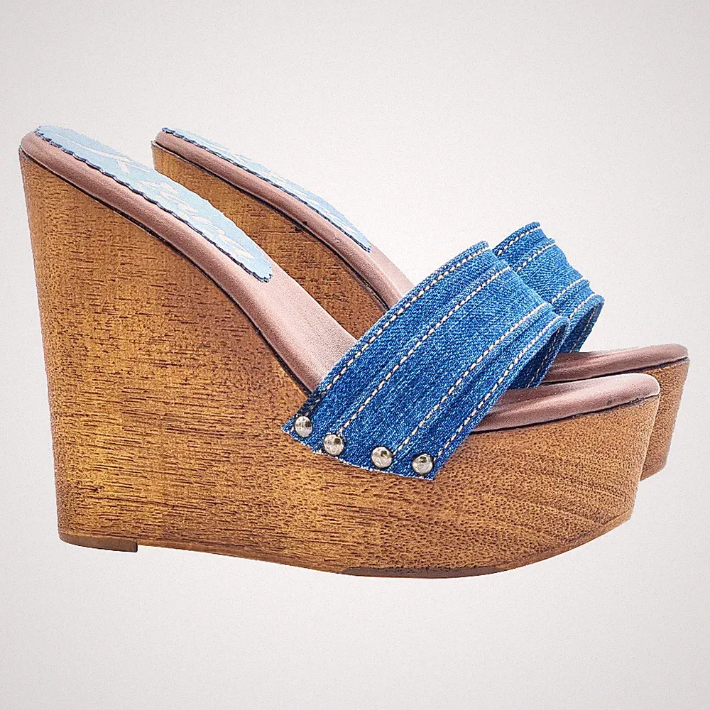 Sandale mit Keilabsatz Jeans Denim Absatz 13 Komfortabel - Made IN Italy
