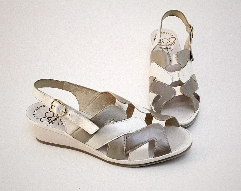 Sandalen ACO Wörishofer Comfort Keilabsatz Leder elfenbein grau Gr. 42