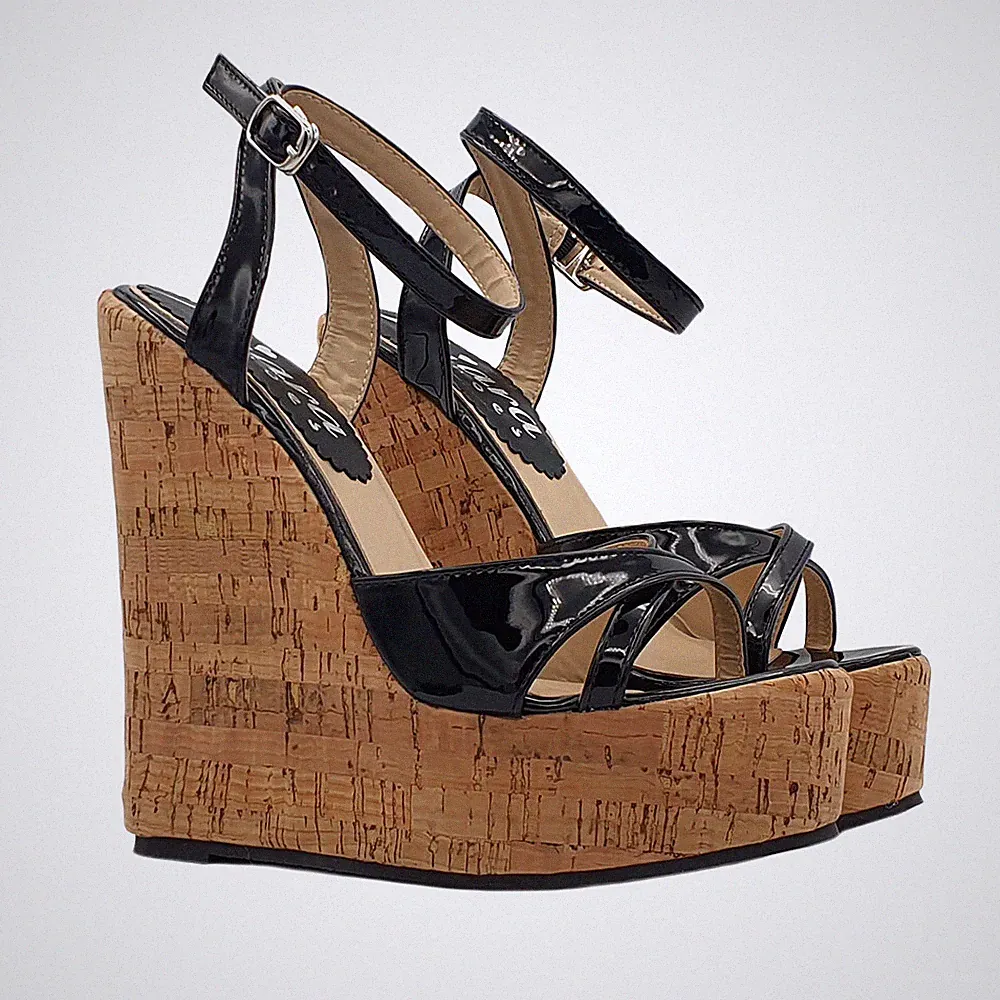 Sandalen Aus Kork Damen Mit Gurt Einstellbar Absatz 14 CM - KHZ100 Schwarz