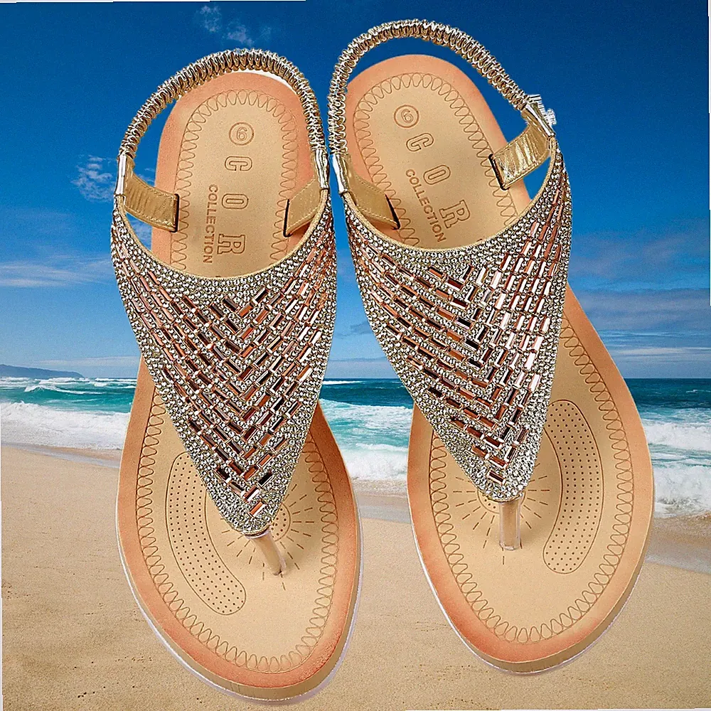Sandalen Damen Frauen Flip Flops Sommer flach Sandale gold Boho Wandersandale