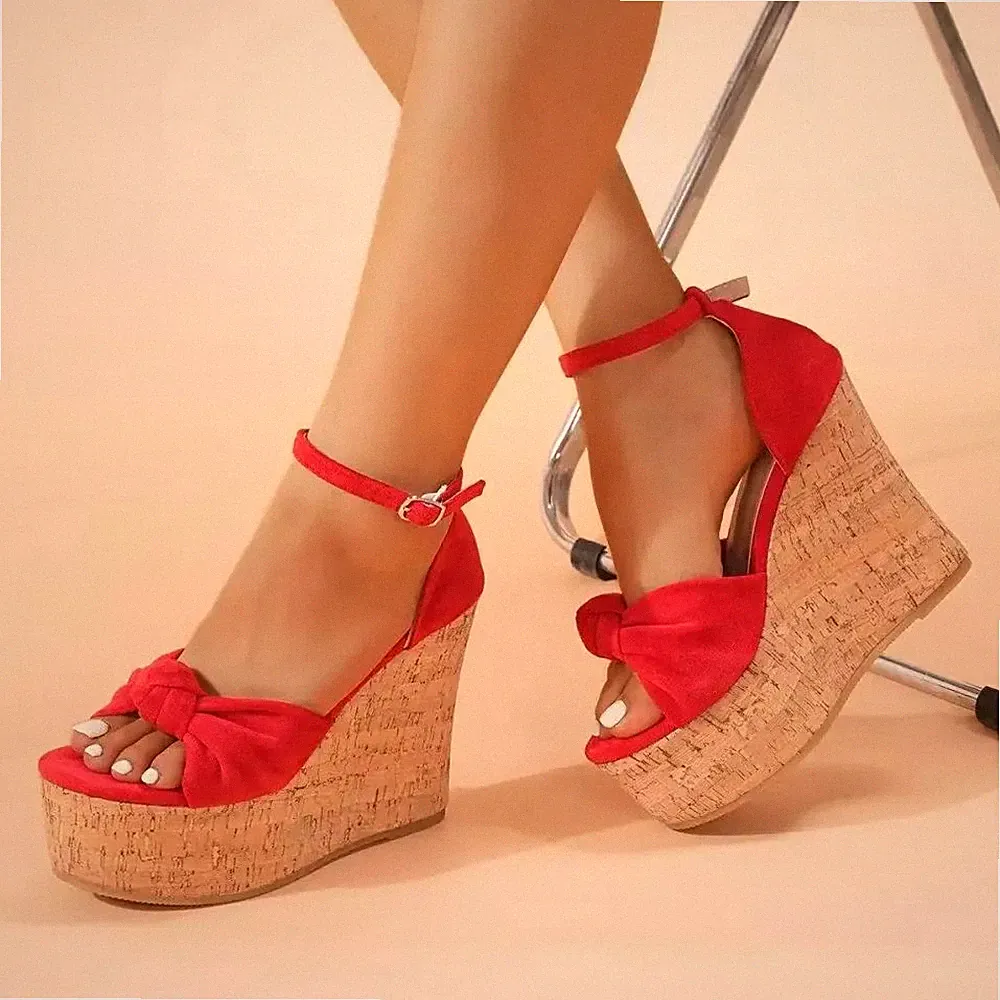 Damen Sandalen Keilabsatz Kork Knoten vorne rot Absatz 12 cm Sommer CF13X9A