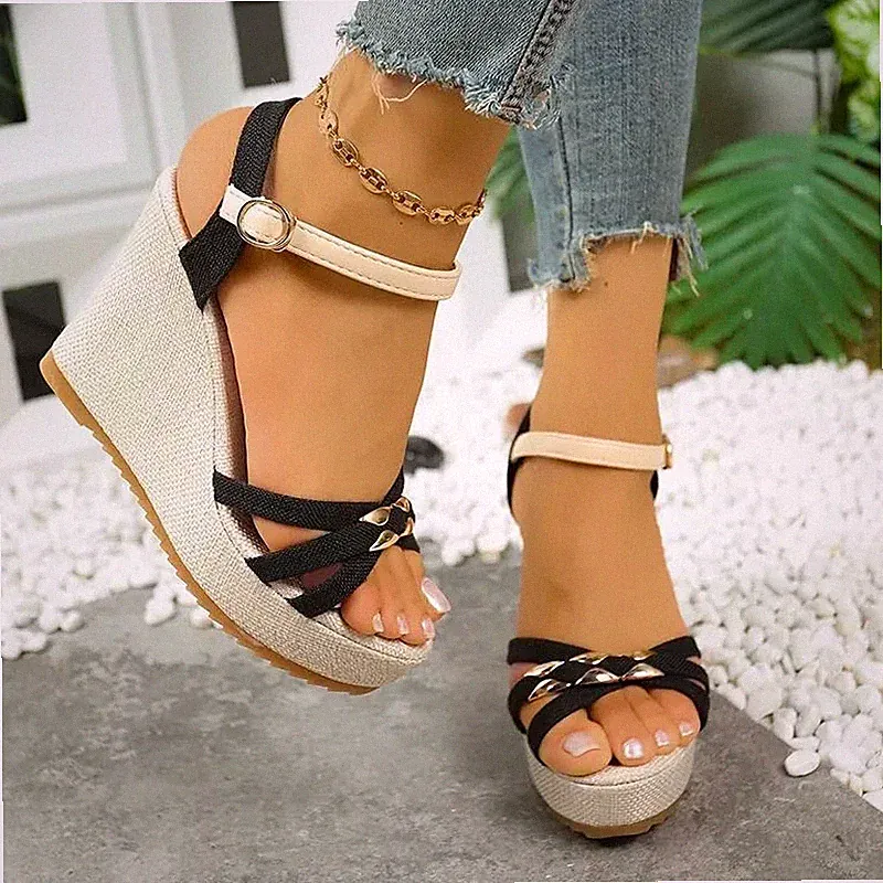 Sandalen Damen Keil Corda Schwarz Ziernähte T-Riemen Absatz 10,5 cm CF14X2A