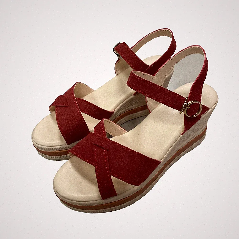Sandalen Damen Plateau Keilabsatz Veloursleder Rot