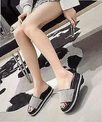 Sandalen Damen Sabot Glitzer Silber Schwarz Keilabsatz 7 cm Kordel Bequem 8296