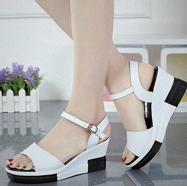 Sandalen Elegant Absatz Keilabsätze Komfortabel 7.5 CM Weiß Schwarz Leder 9798