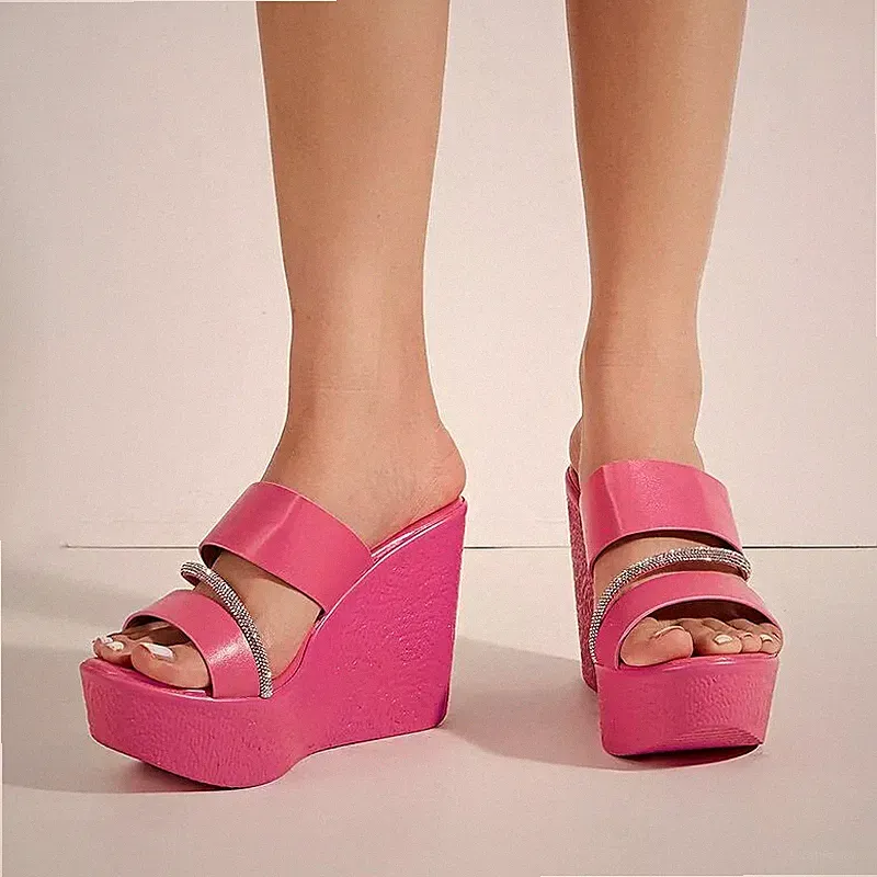Sandalen Espadrilles Keilabsatz 10,5 Sabot Plateau Rosa Strass Kunstleder 01275