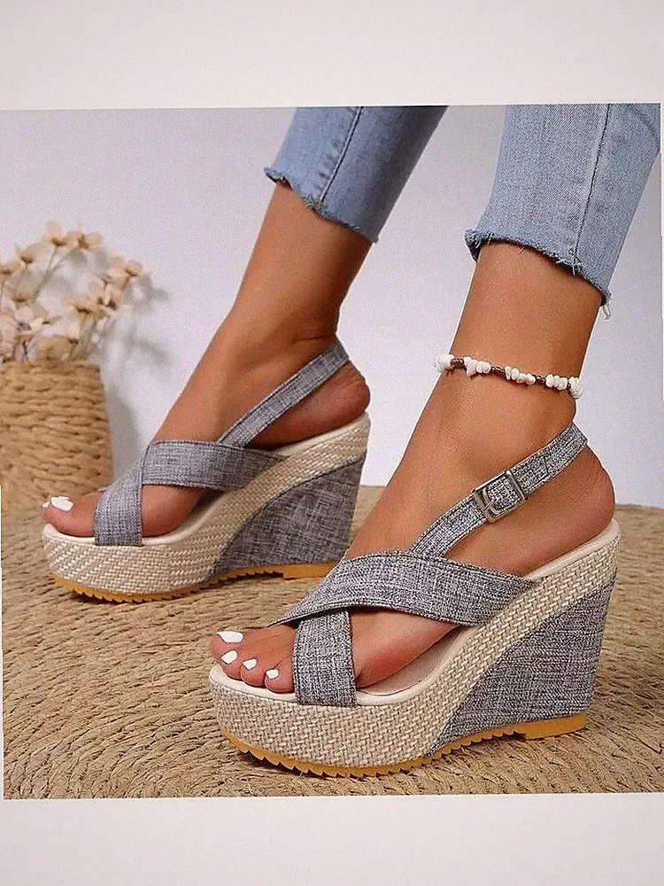 Sandalen Espadrilles Keilabsatz 10 cm Plateau grau Kordel Kunstleder 70410