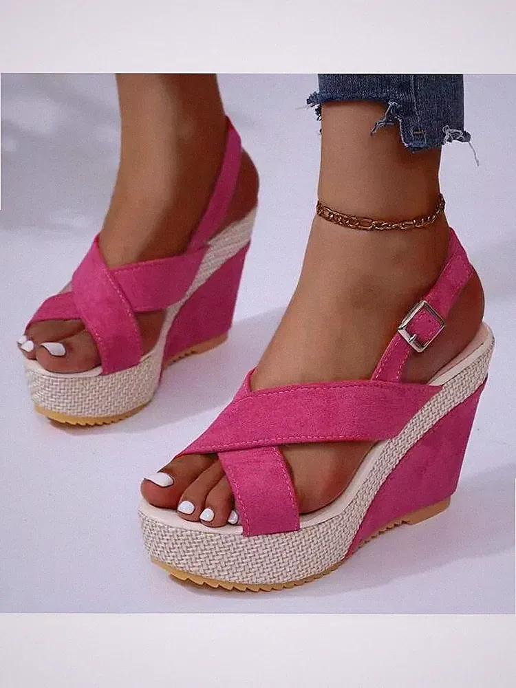 Sandalen Espadrilles Keilabsatz 10 cm Plateau Rosa Kordel Kunstleder 70410