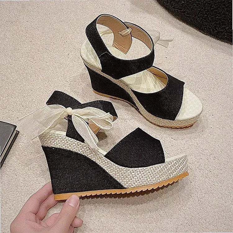 Sandalen Espadrilles Keilabsatz 10 cm Plateau schwarz Kordel Kunstleder 06500