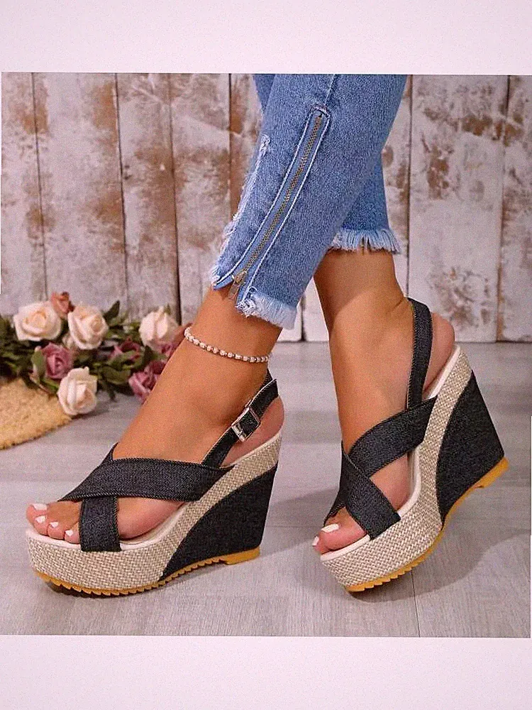 Sandalen Espadrilles Keilabsatz 10 cm Plateau schwarz Kordel Kunstleder 70410