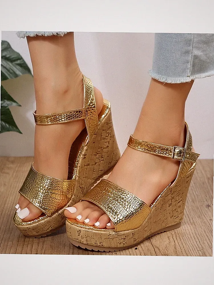 Sandalen Espadrilles Keilabsatz 11 cm Plateau Gold Beige Kunstleder 40323