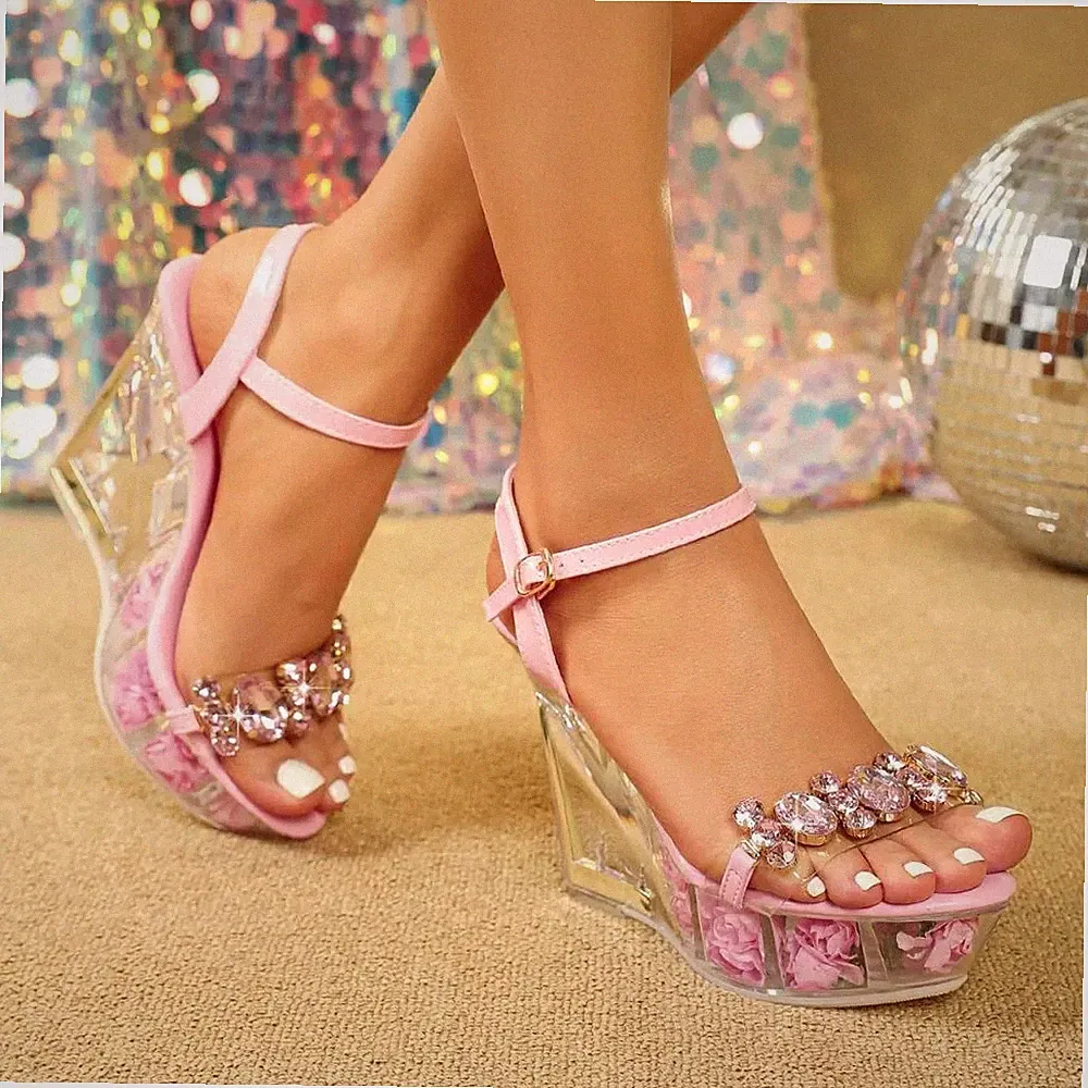 Sandalen Espadrilles Keilabsatz 11 cm Plateau Rosa Transparent Kunstleder 02322