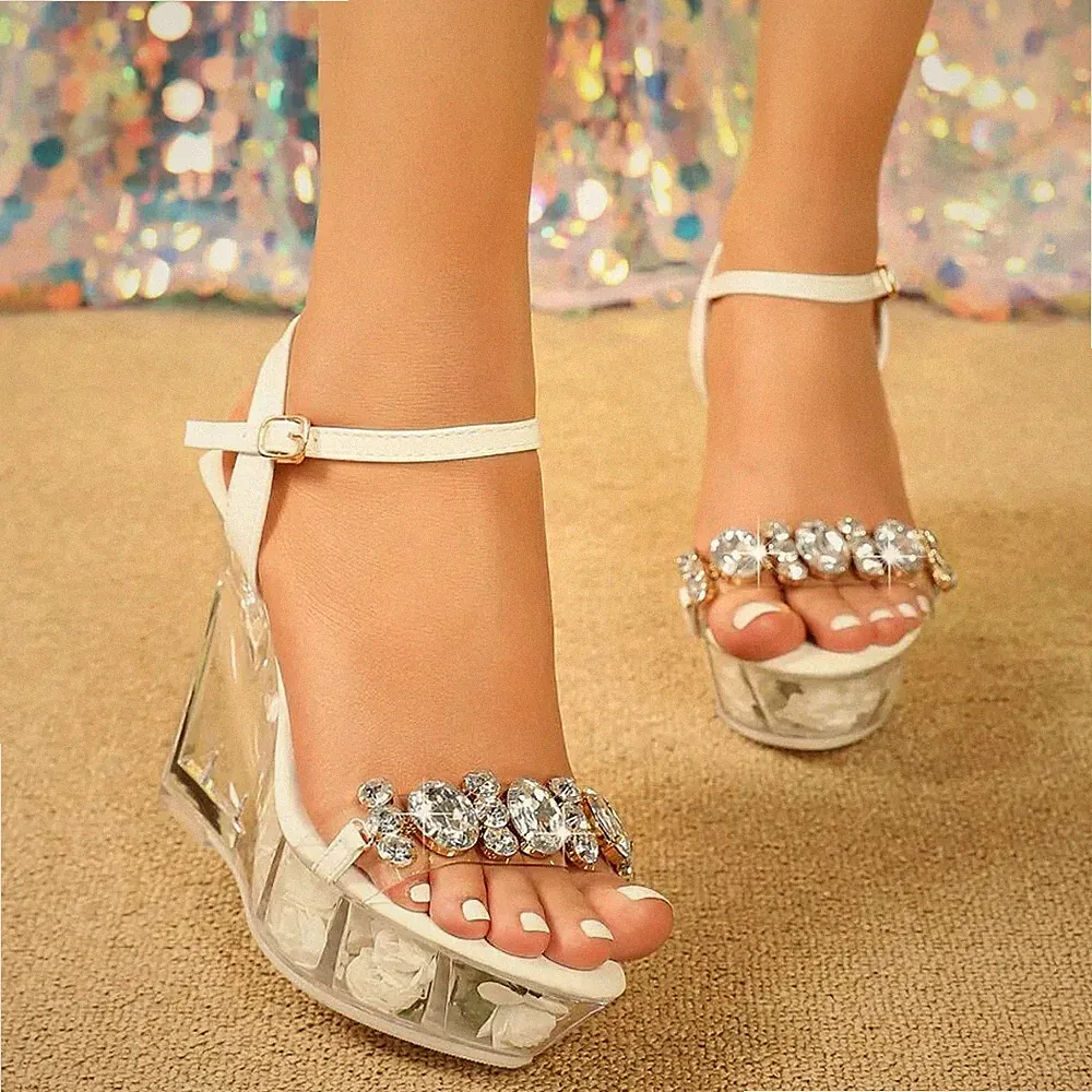 Sandalen Espadrilles Keilabsatz 11 cm Plateau weiß transparent Kunstleder 02322