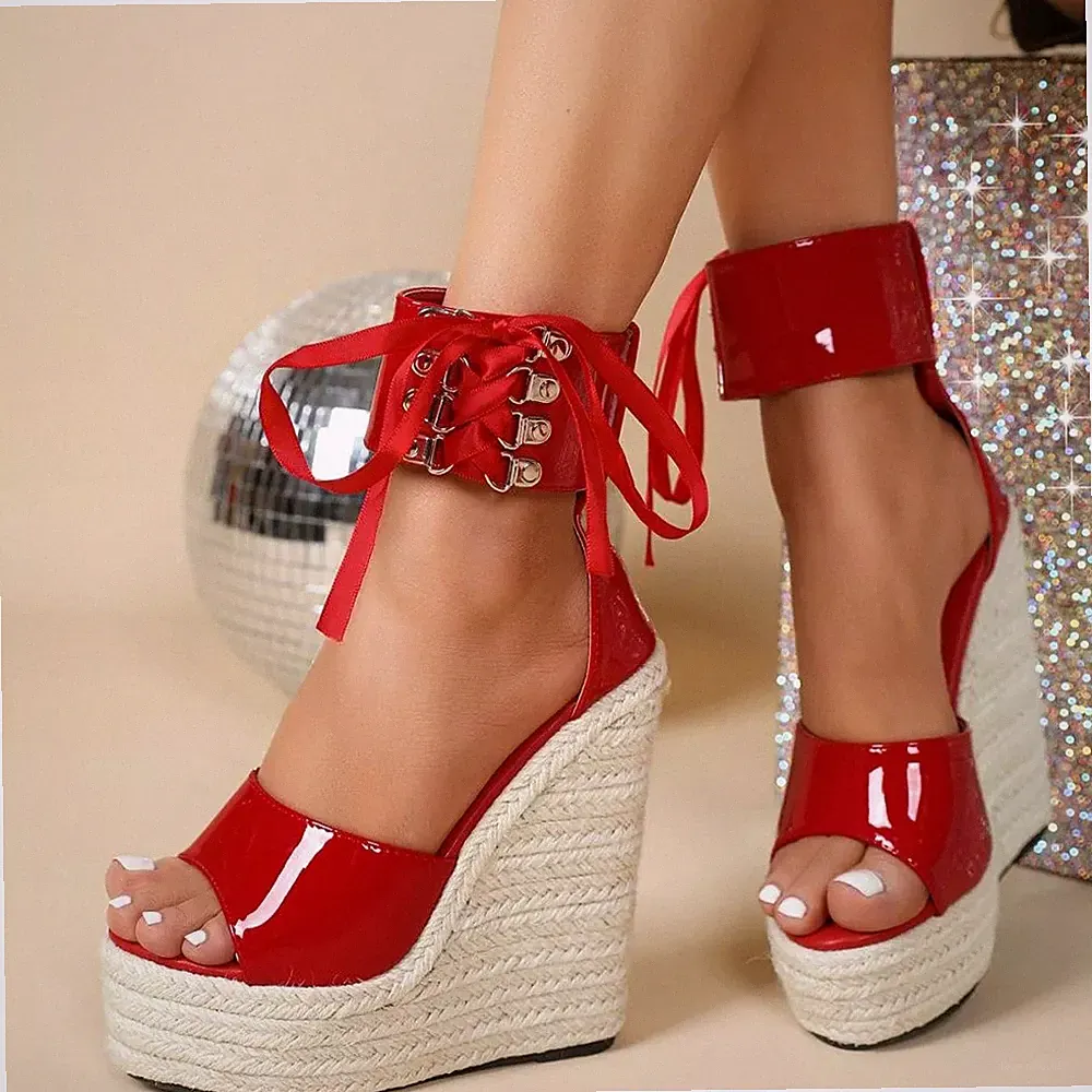 Sandalen Espadrilles Keilabsatz 14,5 Plateau Rot Kunstleder 83429