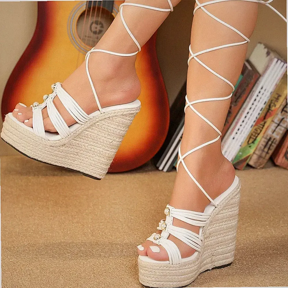 Sandalen Espadrilles Keilabsatz 14,5 Plateau Weiß Schnürung Kunstleder 71931