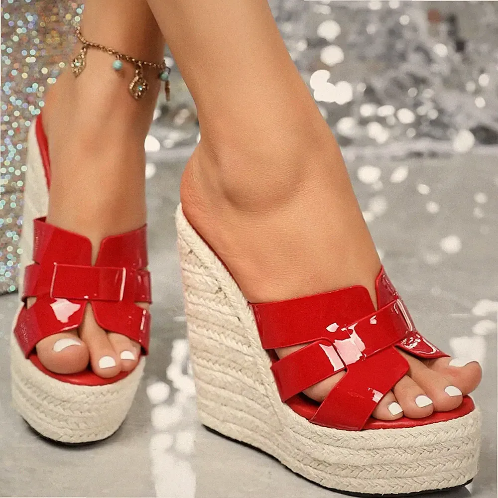 Sandalen Espadrilles Keilabsatz 14,5 Sabot Plateau Kordel Rot Kunstleder 71935