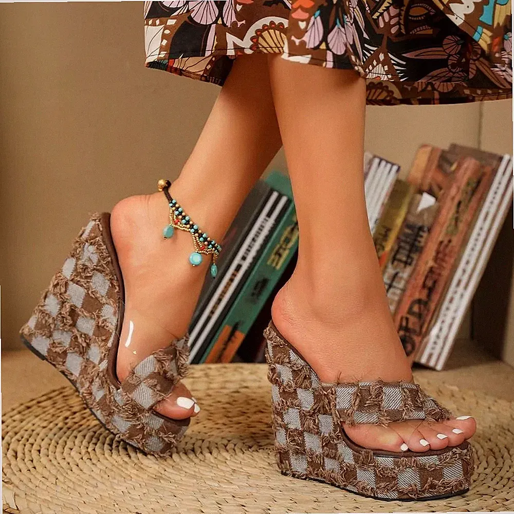Sandalen Espadrilles Keilabsatz 14 cm Sabot Plateau beige Kunstleder 83431