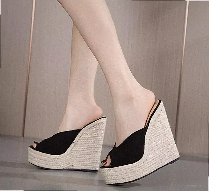 Sandalen Espadrilles Keilabsatz 14 cm Sabot Plateau Kordel schwarz Kunstleder 62663