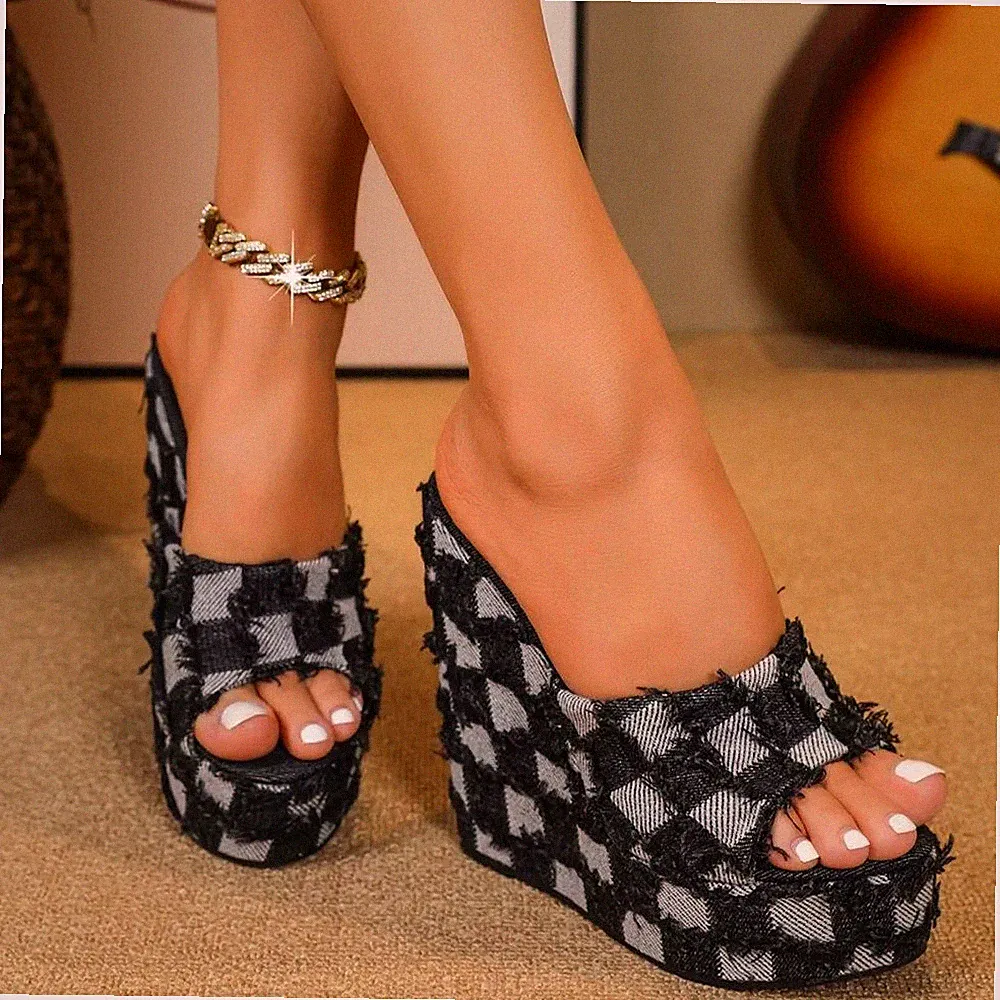Sandalen Espadrilles Keilabsatz 14 cm Sabot Plateau schwarz Kunstleder 83446