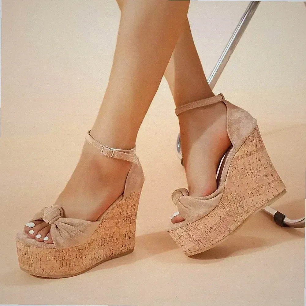 Sandalen Frau Keilabsätze Kork Knoten Vorne Beige Absatz 12 CM Sommer CF13X9A