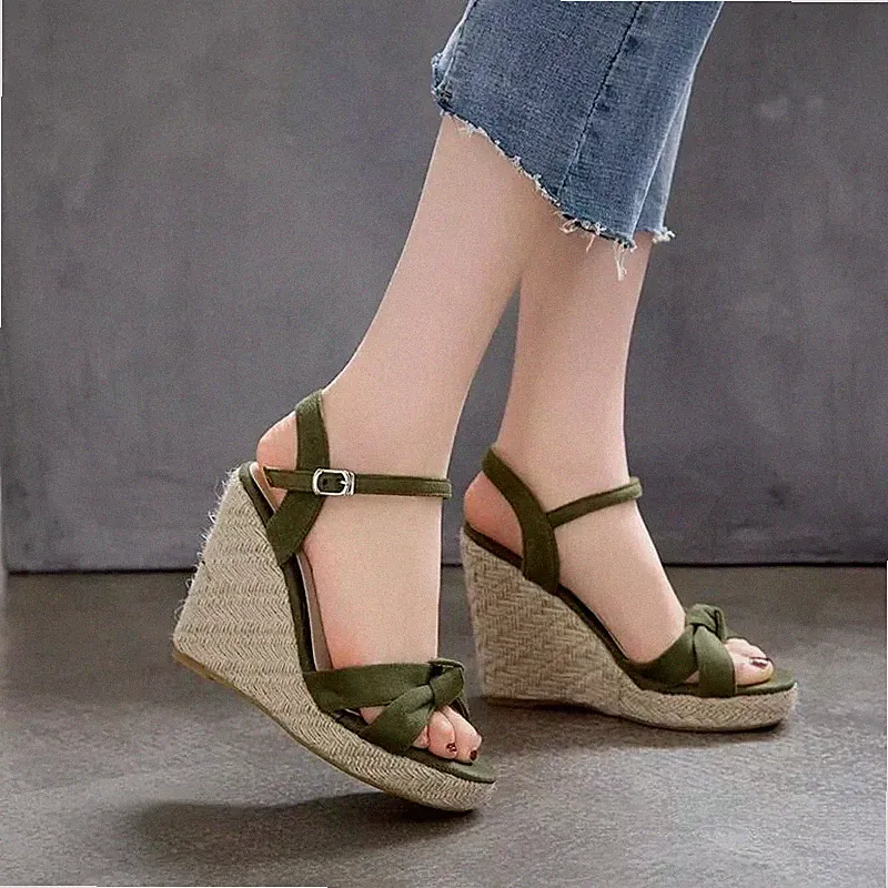 Sandalen Frau Keilabsätze Seil Grün Army IN Strick Knoten Elegant Absatz 11 CM