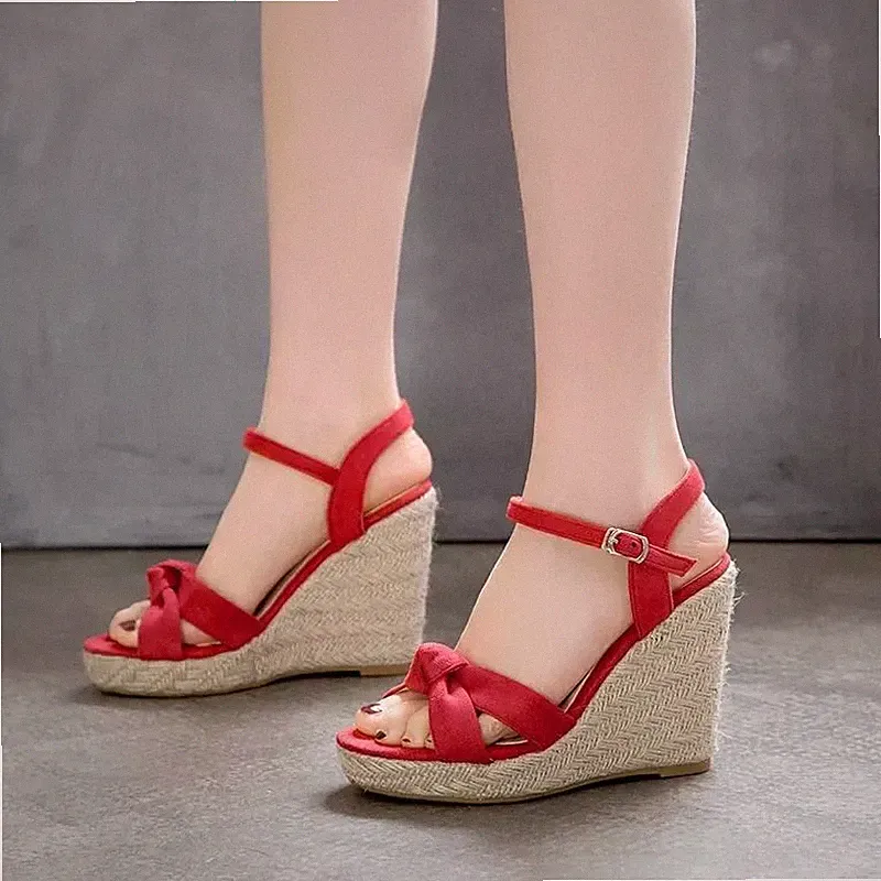 Sandalen Frau Keilabsätze Seil Rot IN Strick Knoten Elegant Absatz 11 CM CF7X3B